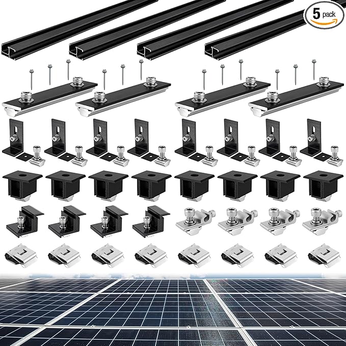 Tandefio Solar Panel Mounting Kit for 4-5 Solar Panels Panel Kit for Shingle Roof Adjustable with Clamps L Shape Brackets 88 Inch Rails(Black)