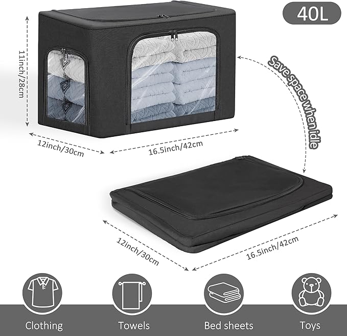 GuliPostan 3 Pack 40L Stackable Clothes Storage Bins with Metal Frame Handles &amp Zipper Collapsible Closet Organizer Box with Lid for Bedding Blankets Towel (Black)