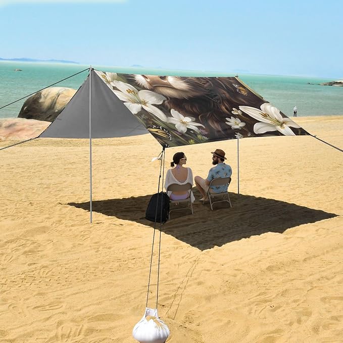 ALAZA Highland Cattle Lily Beach Tent Sun Shelter Portable Canopy Sunshade for Outdoor Camping Picnics Backyard Fun 10x9 ft