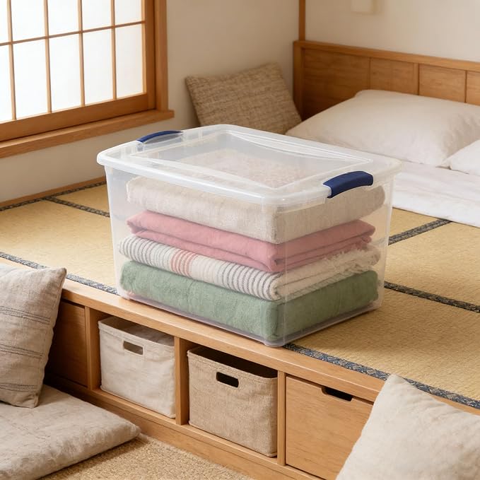 4 Pack 66 Quart (16.5 Gallon) Clear Plastic Storage Bins with Blue Latching Lids Heavy Duty Stackable Organizer Containers for Closet Garage Bedroom Office Home Organization
