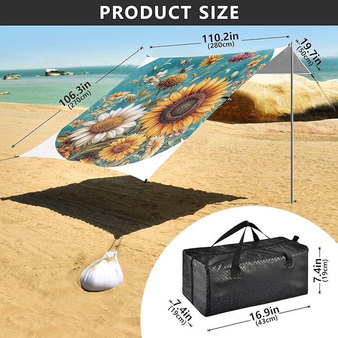 Autumn Flowers Sunflower Bellflower Butterflies Beach Tent UPF50+ Lightweight Portable Sun Shelter Includes Sand Shovel Sandbags Stability Poles for Family Trips Picnics &amp Camping