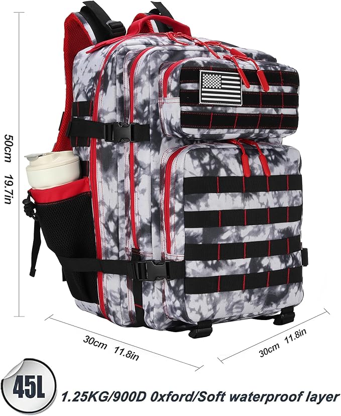 Lovelinks21 45L Tactical Assault Backpack 3 day assault pack with Molle Waterproof backpack Rucksack for Tactical Backpacks (Black White Red)