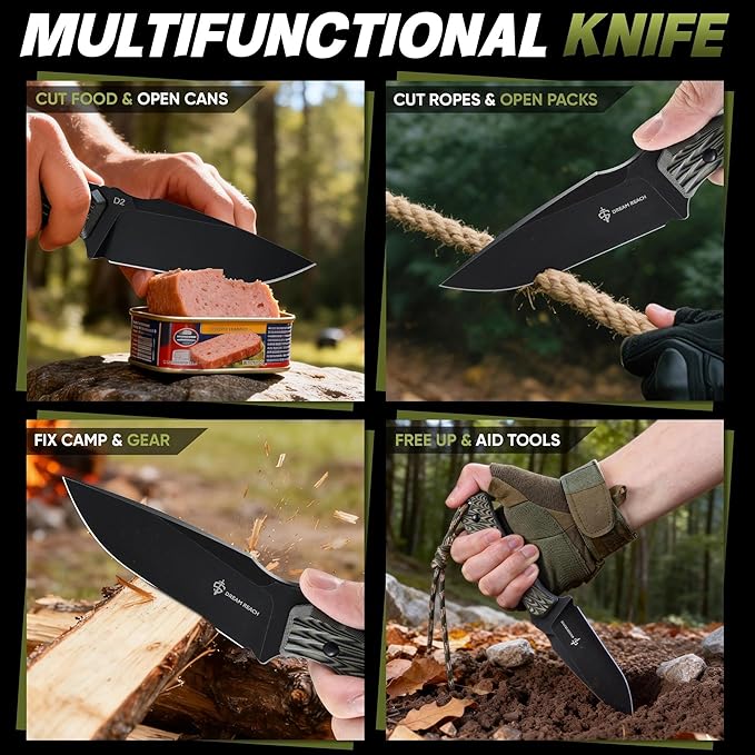 Dream Reach Fixed Blade Knife - D2 Steel Tactical Knife with Ergonomic Full Tang Handle and Kydex Sheath for Outdoor Camping Survival Gift for Men Women