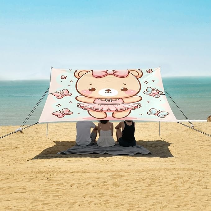 Cute Bear with Bow Beach Tent Sun Shelter Set UPF50+ UV Protection 10.5 x 9.19 FT Camping Shade Canopy with Sandbags Sand Anchors Carrying Bag and Others