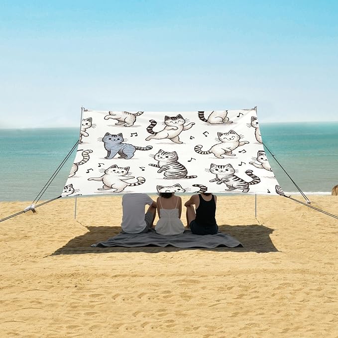 Cute Dancing Cats Beach Tent Sun Shelter Set UPF50+ UV Protection 10.5 x 9.19 FT Camping Shade Canopy with Sandbags Sand Anchors Carrying Bag and Others