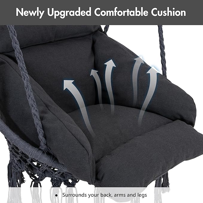 ANOW Hanging Swing Chair with Stand Included Heavy Duty Hammock Chair with Stand and Removable Padded Cushion Max 400 Lbs Dark Grey