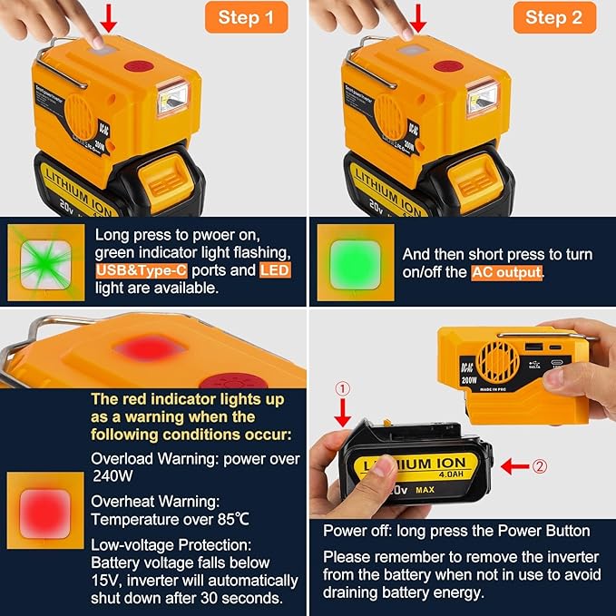 DC 20V to AC 110V Power Inverter Compatible with Dewalt 20V Max Battery 200W Portable Modified Sine Wave Power Inverter Converter with LED Light USB and Type-C Port(No Battery)