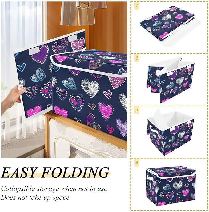 Cartoon Heart Storage Cube Bins Basket with Lid Collapsible Flip-top Fabric with Handle for Home Bedroom Closet Office 16.5×12.6×11.8 in