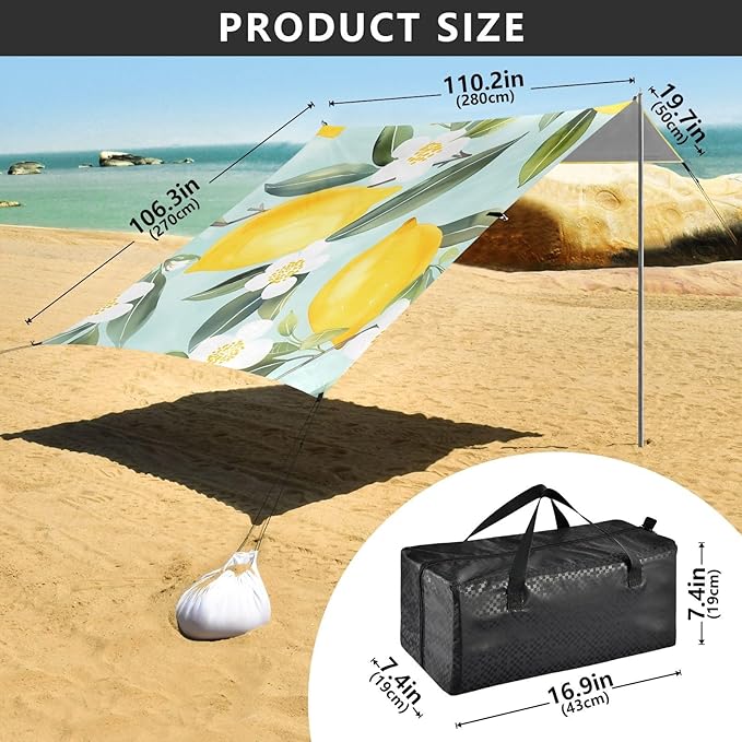 ALAZA Lemon Pattern Light Blue Background Hand-Painted Beach Tent Sun Shelter Portable Canopy Sunshade for Outdoor Camping Picnics Backyard Fun 10x9 ft