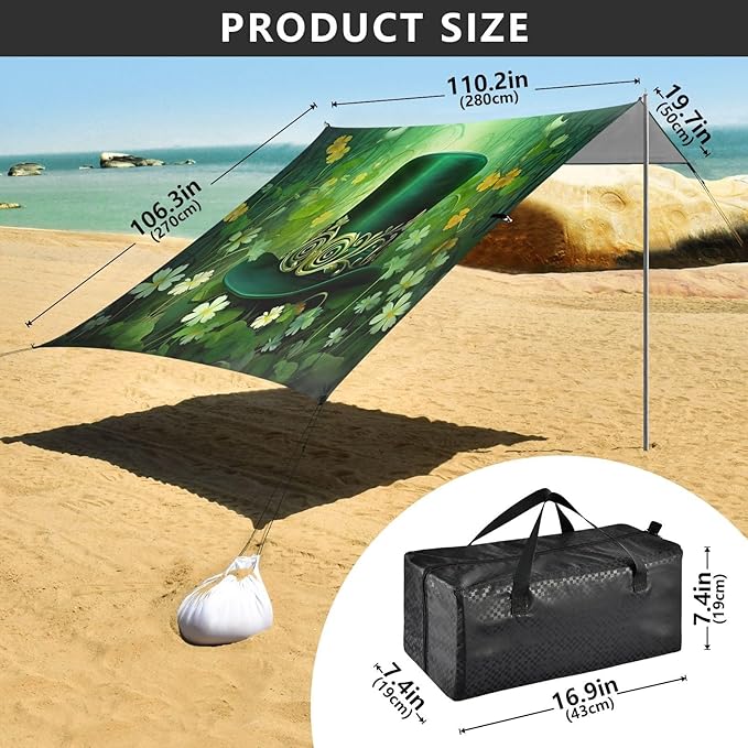 St Patrick's Day Leprechaun Hat Beach Tent Sun Shelter Set UPF50+ UV Protection 10.5 x 9.19 FT Camping Shade Canopy with Sandbags Sand Anchors Carrying Bag and Others