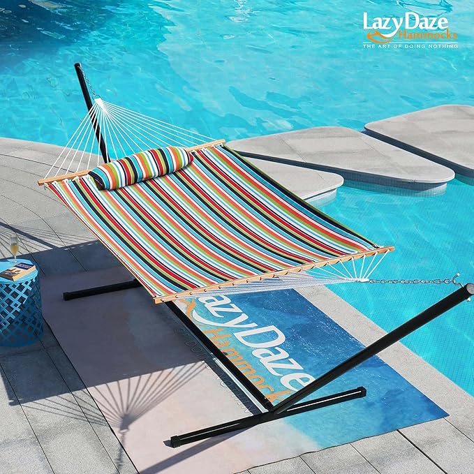 Lazy Daze Hammocks 12 FT Sunbrella Fabric Hammock not Fading with Spreader Bars and Free Pillow Fits for 2 Persons All Weather and Fade Resistant for Patio Yard 450 lbs Capacity Carousel Confetti
