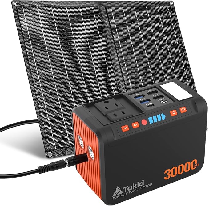 Takki 111Wh Portable Solar Generator Power Station with 21W Foldable Solar Panel 120W Peak Solar Charger Power Bank with 110V AC DC USB Ports for Camping Emergency Outdoor Home Use