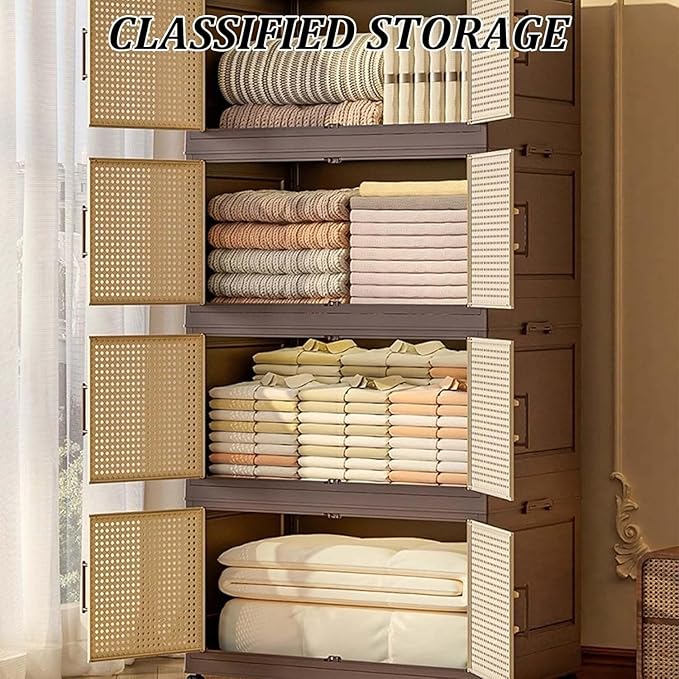 Plastic bins for storage Collapsible Closet Organizer with Wheels Extra Large Storage Cabinet Rolling Closet Organizers Container with Doors for Living RoomBedroomOffice(5 tier55x32x154.5cm)
