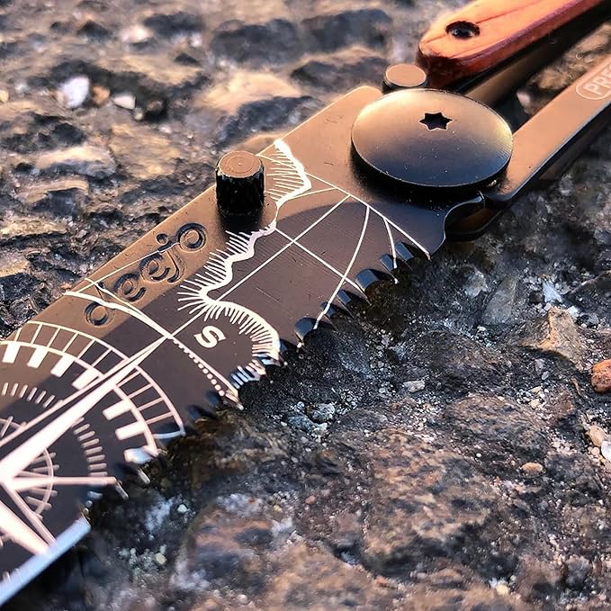 deejo - 37G Serrated Folding Pocket Knife with Belt Clip - Terra Incognita Design 3.7-Inch Stainless Steel Blade Black Titanium Finish Coral Handle - Lightweight EDC for Home Work Outdoor Use