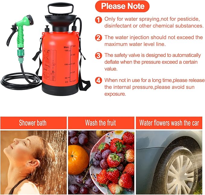 SearQ Portable Camping Shower with 7 Spray Modes Hand Press Shower with Removable Hose and Head Pressure Rinse Kit for Hiking Traveling Garden Beach Pet