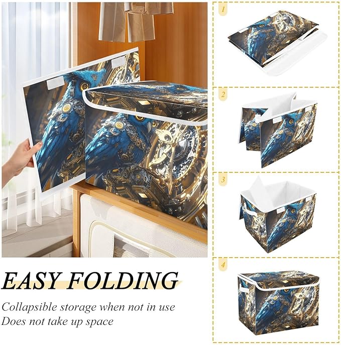 Storage Cube with Lid Machine Owl Print 16.5×12.6×11.8 IN Collapsible Large Capacity Foldable Storage Basket Bin Organizer