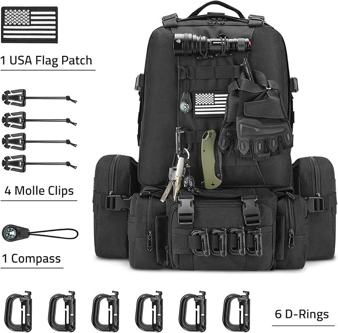 CVLIFE 60L Tactical Backpack for Men Women Military Large Army Rucksack With D-Ring Molle Clips Compass Accessories 3 Day Bug Out Survival Molle Bag Hiking Camping Gym Daypack BackpacksBlack