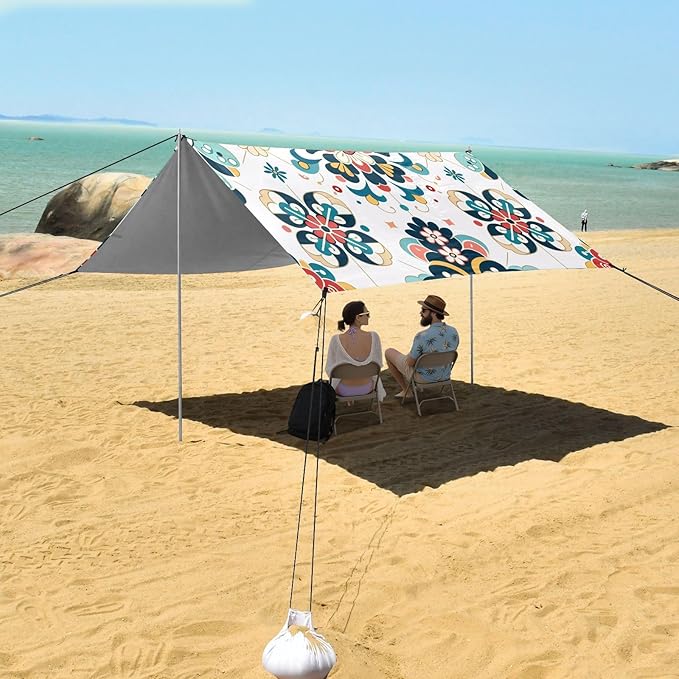 Traditional Talavera Tile Beach Tent Sun Shelter Set UPF50+ UV Protection 10.5 x 9.19 FT Camping Shade Canopy with Sandbags Sand Anchors Carrying Bag and Others