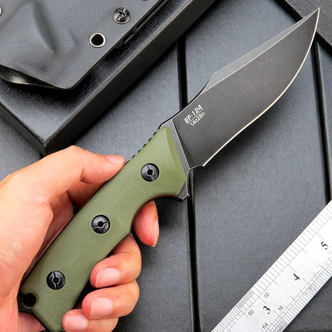 Eafengrow EF124 Fixed Blade Knife 14c28n Steel Blade Coated Black Titanium G10 Handle Fixed Knife for Outdoor Camping Hunting Survival EDC Tool Knives with Kydex Sheath(Army Green)
