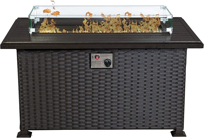 Kozyard Outdoor Patio Propane Gas Fire Pit Table - 50000 BTU Wicker Design with Aluminum Tabletop Glass Wind Guard Clear Glass Rocks Slide Out Tank Holder - Ideal Patio Fire Table (Brown)