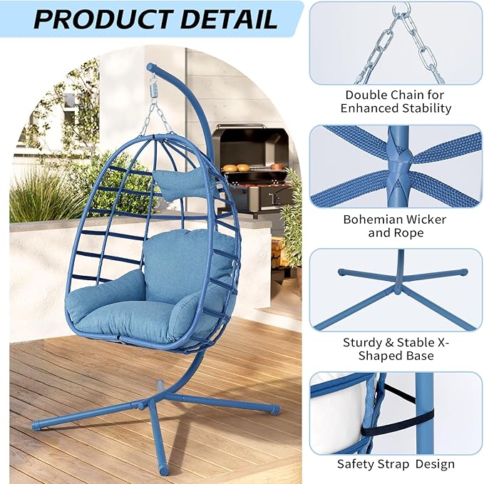 Hanging Egg Chair with Stand Outdoor Indoor Patio Rattan Swing Hammock Chairs with Washable Cushion 350lbs Capacity PE Wicker Swing Chair for Backyard Bedroom Garden (Blue + Blue Cushion)