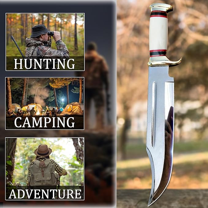14 Crocodile Dundee Bowie Knife – Mirror Polished Hunting &amp Survival Knife with Bone Handle and Leather Sheath – Tactical Knife for Camping Outdoor Bushcraft Gift for Men