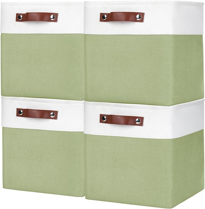 Collapsible Fabric Storage Cubes 11x11 Cube Storage Bins 4 Pack Closet Baskets Box with Handles for Organizing Shelf Toys Clothes Home Office Nursery (Green&ampWhite)