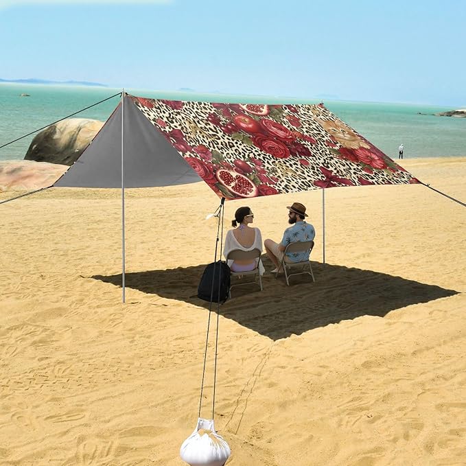 xigua Pomegranate Beach Tent Sun Shelter with Carrying Bag - Silver Coated Oxford Fabric Beach Canopy for Beach Camping Fishing - Includes Windproof Ropes Sandbags &amp Stakes