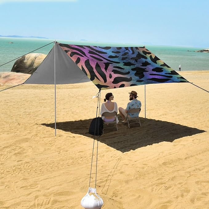 ALAZA Rainbow Leopard Print Cheetah Beach Tent Sun Shelter UPF50+ Protection Beach Shade Canopy w/ 4 Sandbags for Outdoor Camping Fishing Backyard Fun Picnic 10x9 ft