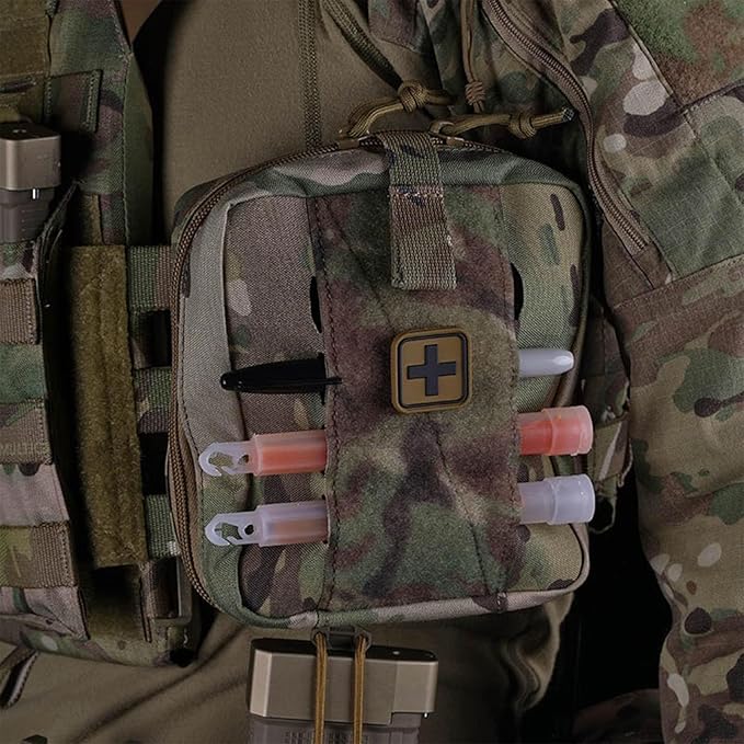 Tactical Camo IFAK Pouch MOLLE Medical Organizer with Elastic Storage Board Front Tool Slots and Rear Shear Pocket Attaches to Vest Belt or Backpack