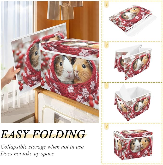 AIXIWAWA Lidded Storage Cube (Winter Guinea Pigs) Fabric Foldable Closet Bins with Flip Lid and Handles Organizer Basket Container 16.5 x 12.6 x 11.8 IN