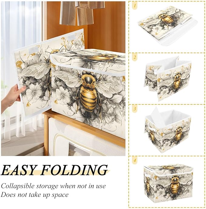 Bee Flower Gold Large Storage Bins with Lid Foldable Storage Cubes Fabric Closet Organizer Containers Box Baskets with Flip-Top Lid for Home Office 16.5” x 12.6” x 11.8”