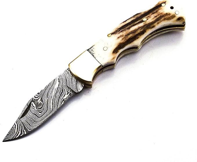 Skokie Knives Custom Hand Made Damascus Steel Hunting Pocket Folding Knife with Handle Stag Antler (S.F)