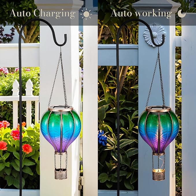 TERESA'S COLLECTIONS 2 Pack Hanging Solar Lantern Outdoor Garden Decor for Valentine Waterproof Plastic Hot Air Balloon Green Flickering Flame Effect Lantern for Yard Tree 18