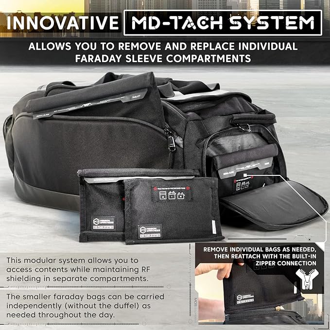 Mission Darkness Disconnect Faraday Duffel Bag + 4 Detachable Faraday Pockets // Military-Grade RF Shielding for Large Electronics &amp Mobile Devices // Travel Protection Signal Isolation Data Priva