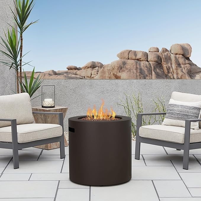 Real Flame Aegean 24 Round Propane Gas Fire Pit Table with Hidden Tank 50000 BTU Powder-Coated Steel Push-Button Ignition Lava Rock Storage Cover Stainless Steel Burner with Lid - Dark Bronze