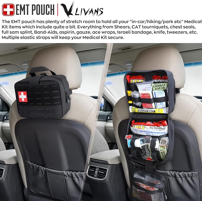 LIVANS Tactical Molle Medical Pouch - Upgraded Size Large Capacity IFAK Pouch with Detachable Quick Release and Headrest Mount Includes Flag and Cross Patch