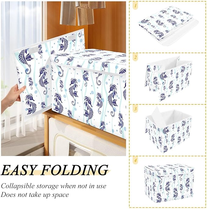 susiyo Large Foldable Storage Bin with Flip-Top Lid Blue Seahorse Storage Box Collapsible Closet Organizer Containers Boxes Decorative Baskets with Handles for Home Bedroom Living Room Office