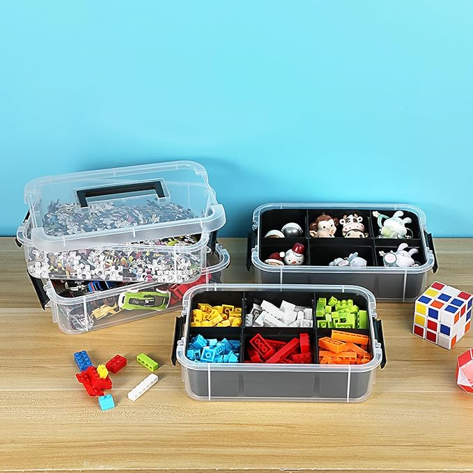 JUXYES 4-Tiers Stack Carry Storage Box With 2 Divided Tray Transparent Stackable Storage Bin With Handle Lid Latching Storage Container for School &amp Office Supplies Black