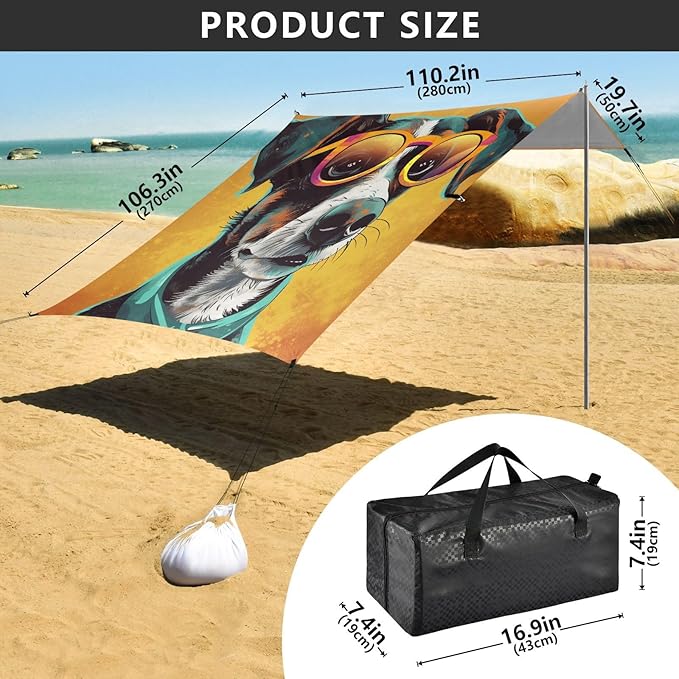 ALAZA Cute Dog Sunglasses Beach Tent Sun Shelter Portable Canopy Sunshade for Outdoor Camping Picnics Backyard Fun 10x9 ft