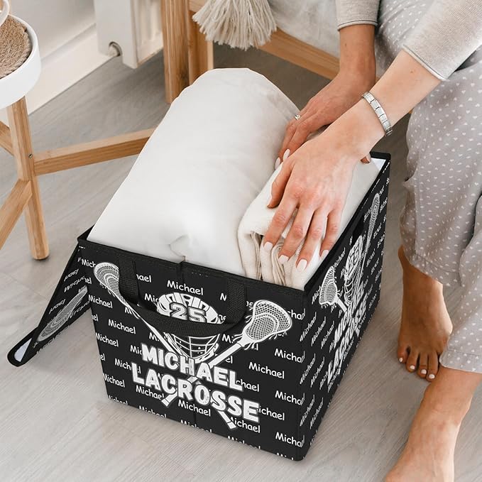 Lacrosse Custom Storage Bins with Lid Foldable Fabric Personalized Storage Basket Box with Handle Storage Organizer Container for Home Bedroom Closet