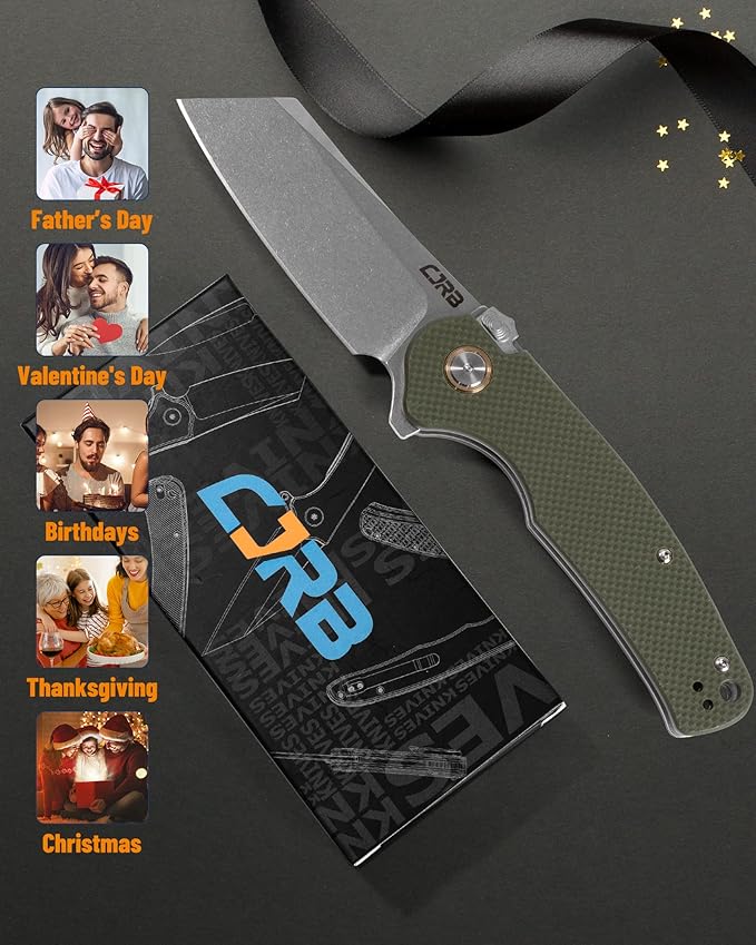 CJRB Crag Tactical Knife Cleaver Pocket Folding Knife with Stonewash AR-RPM9 Steel Blade and G10 Handle for Men Outdoor Survival Camping and EDC (J1904R)Green