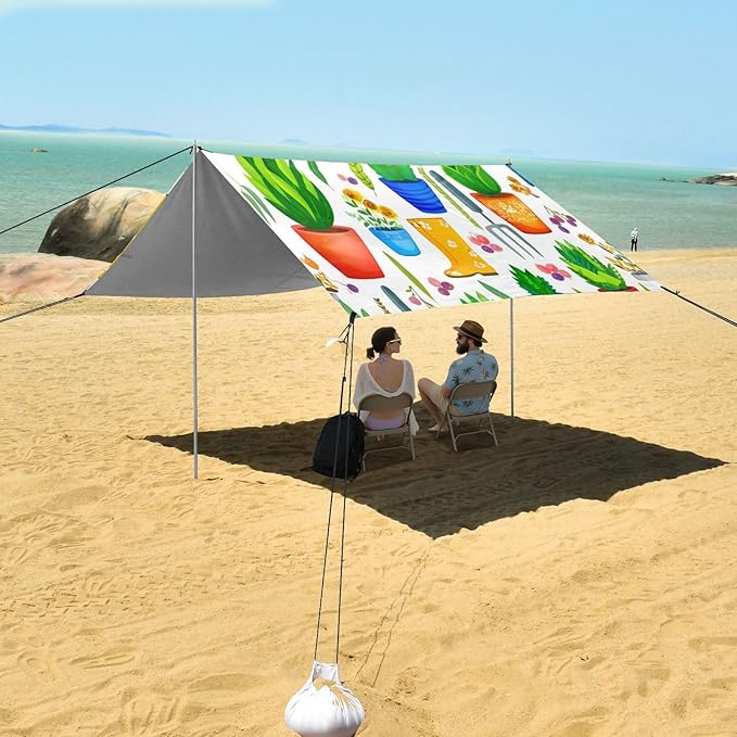 xigua Potted Plants Beach Tent Sun Shelter with Carrying Bag - Silver Coated Oxford Fabric Beach Canopy for Beach Camping Fishing - Includes Windproof Ropes Sandbags &amp Stakes