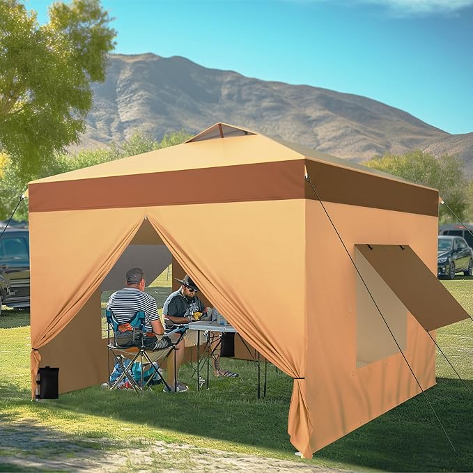 MFSTUDIO 10x10 Pop Up Canopy Tent with Removable Sidewalls Outdoor Enclosed Instant Portable Shelter with Breathable Mesh Windows One Person Setup Beige