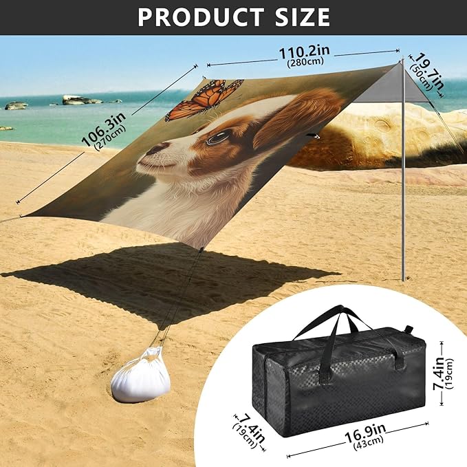 ALAZA Puppy Dog with Butterfly Beach Tent Sun Shelter Portable Canopy Sunshade for Outdoor Camping Picnics Backyard Fun 10x9 ft