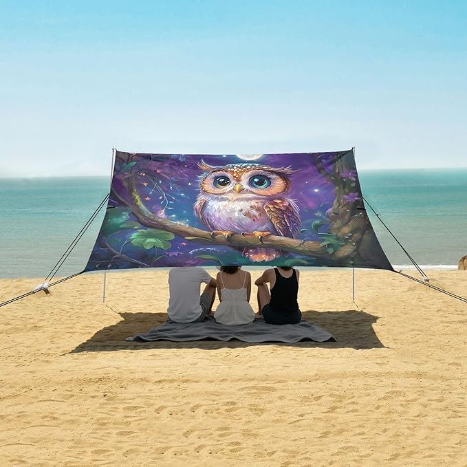ALAZA Cute Owl Moon Beach Tent Sun Shelter UPF50+ Protection Beach Shade Canopy w/ 4 Sandbags for Outdoor Camping Fishing Backyard Fun Picnic 10x9 ft