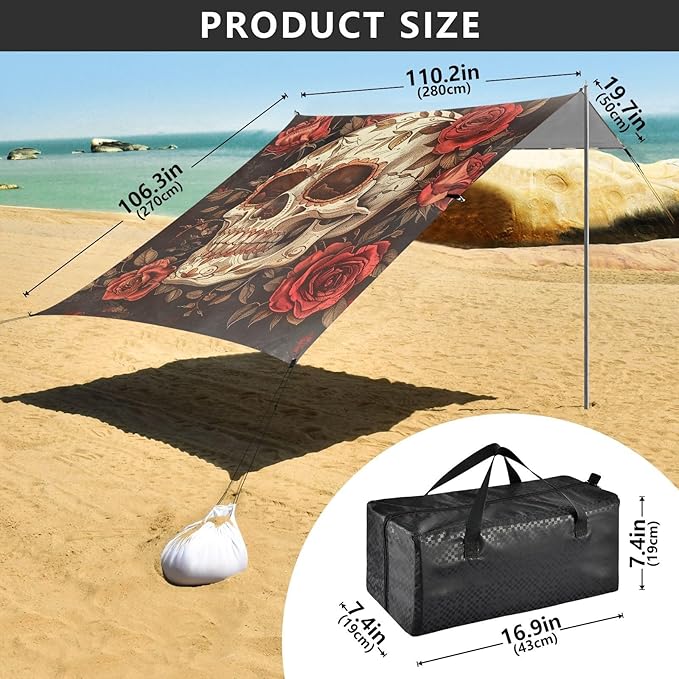 ALAZA Sugar Skull and Roses Vintage Retro Beach Tent Sun Shelter Portable Canopy Sunshade for Outdoor Camping Picnics Backyard Fun 10x9 ft