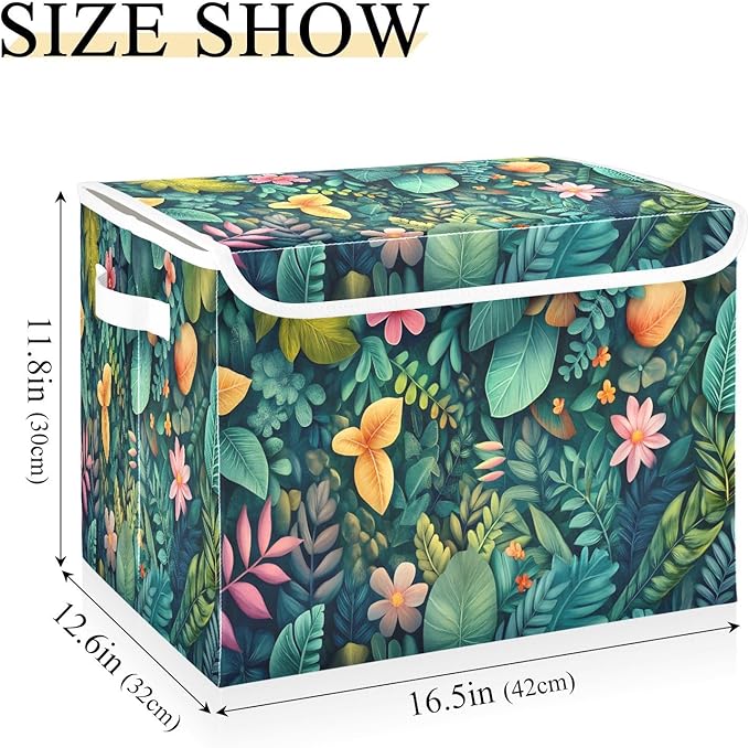 File Organizer Box Lush Greenery Floral Storage Bin with Lid Foldable Baskets for Office Document Storage 11.8x12.6 x16.5