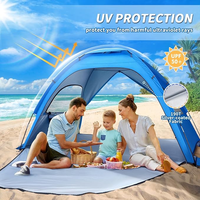 BESTonZON Foldable Beach Tent – Instant Pop-Up Sun Shelter with UPF 50+ UV Protection Lightweight Portable for Beach Camping Backyard Includes Carry Bag Stakes Windproof Anchors
