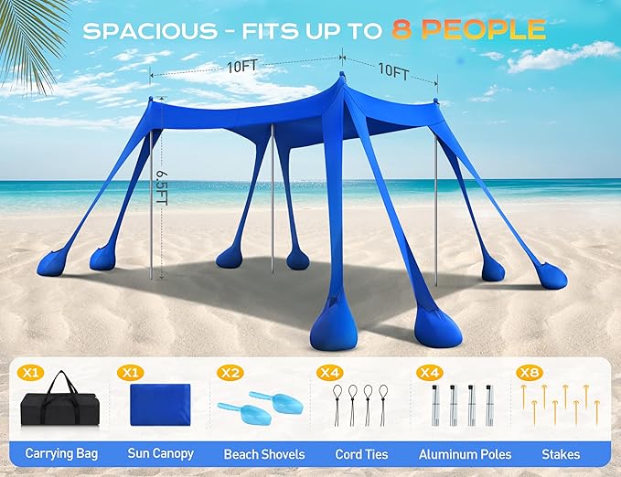 Rengue Beach Tent Beach Canopy UPF50+ UV Protection 10x10ft Beach Shade Sun Shelter with 8 Sandbags Sand Shovels Ground Pegs Stability Poles for Camping Fishing Picnic Backyard Fun Royal Blue